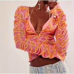 Free People Orange Pink Floral Ruched Mesh Hook Eye V-Neck Top Size Small